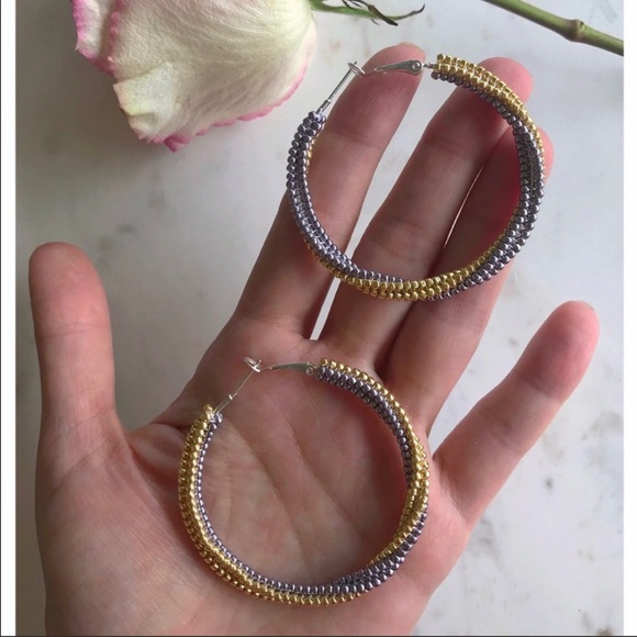 handmade Jewelry - Beaded Large Hoop Earrings Silver Gold 2” Boho
